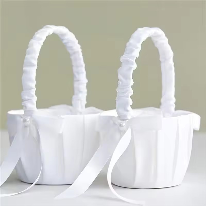 Gardening Tools Girls - Düğün Beyaz Saten Fiyonk Çiçek Sepeti